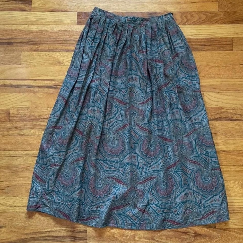 VIntage Green Paisley Pleated Skirt 80s Grandma GrannyCore Pockets Academia